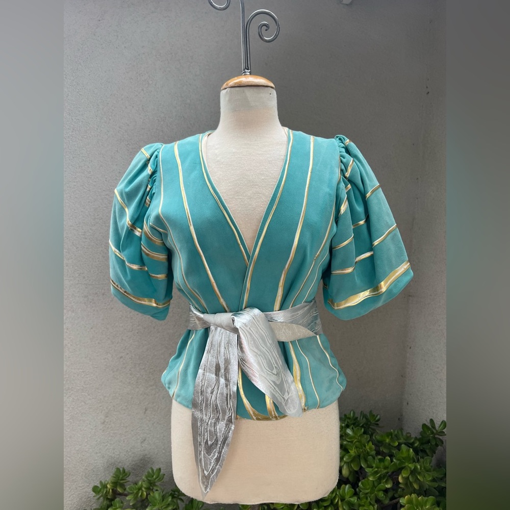 Vintage gorgeous teal suede gold silver painted jacket top belt XS Terry & Toni